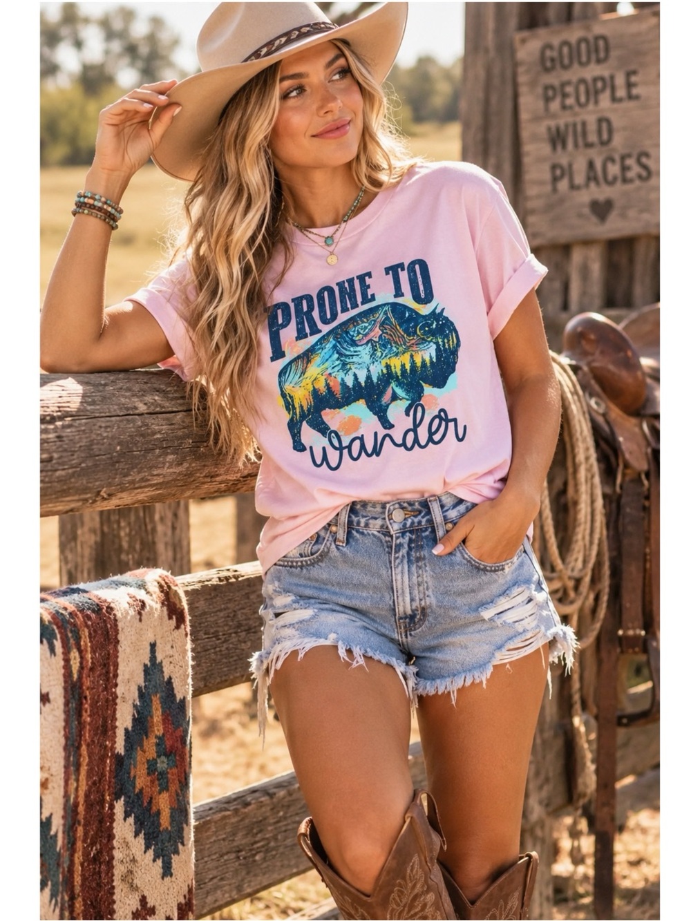 “Prone to Wander” Boho Western Bull Cotton T shirt Women’s Pink Crew Neck
